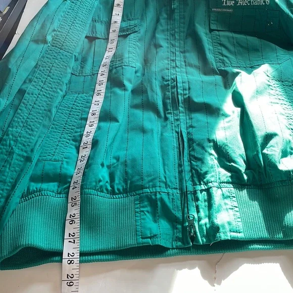 live mechanics well established mens green pinstripe  crest & sheild logo jacket - Picture 9 of 10